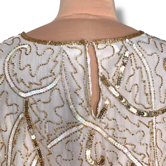 Vintage 90s Beaded Silk Top Metallic Sequin Gold White Evening Blouse Plus Size - Picture 8 of 13
